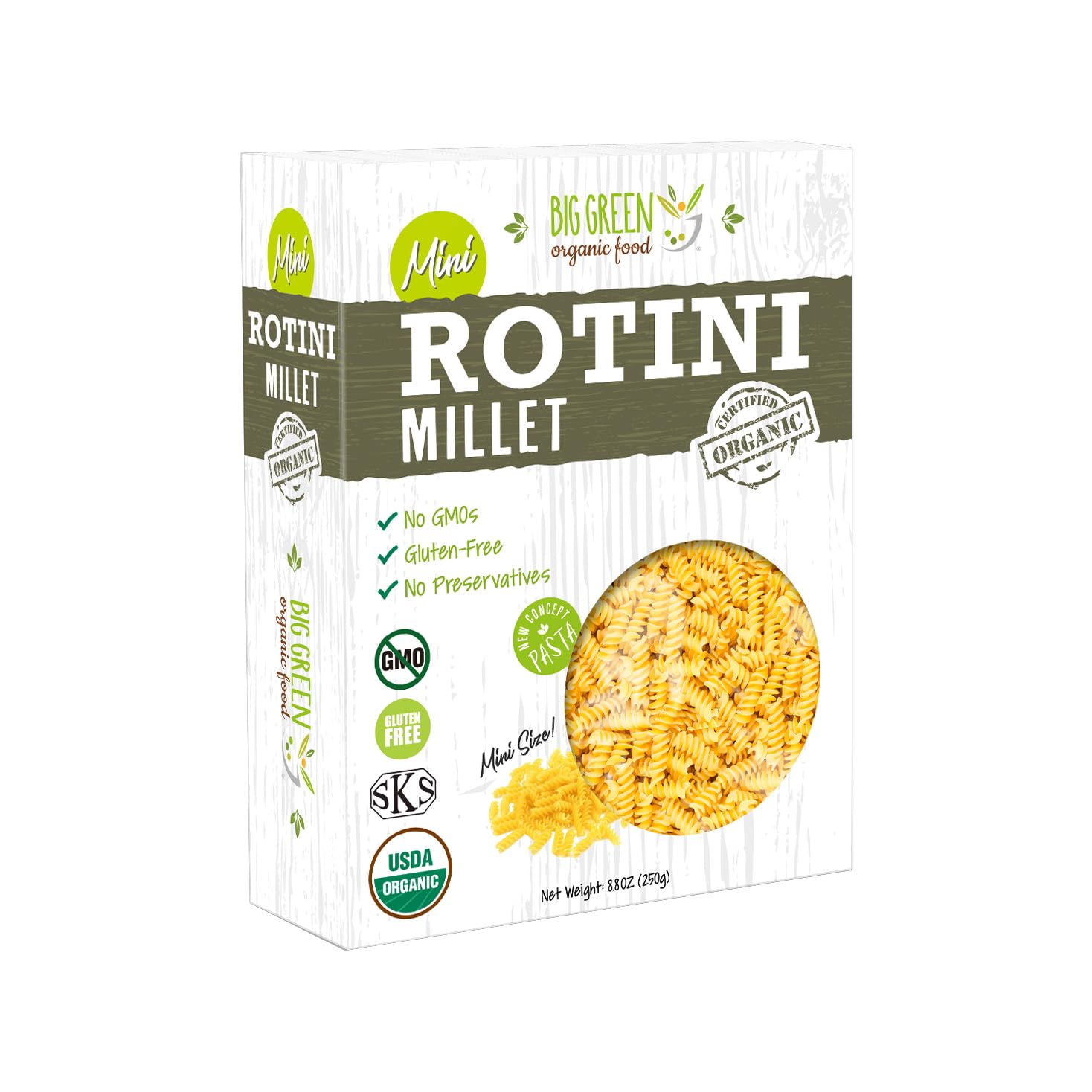Big Green Organic Mini Millet Pasta - Gluten-Free Non-GMO Vegan Plant-Based Kids' Favorite 8.8 oz Rotini USDA Organic